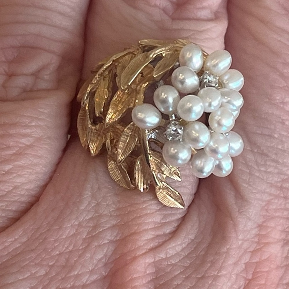 Mid-Century 14 K Solid Gold Seed Pearl Diamond Laurel Wreath Ring Size 6.5 - Picture 6 of 12